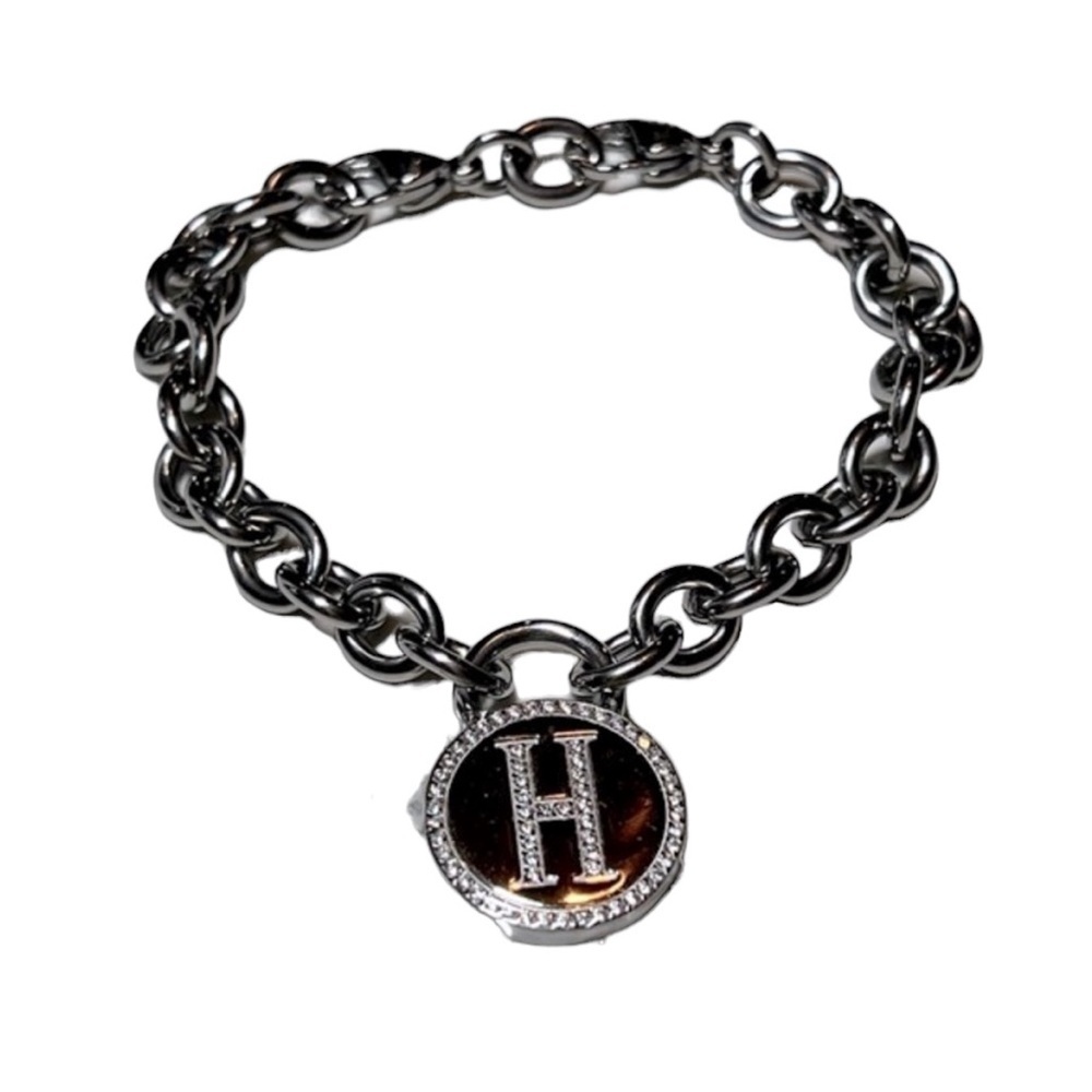 GM China Stainless Steel Bracelet Silver Tone H Initial Charm Tiny Rhinestone